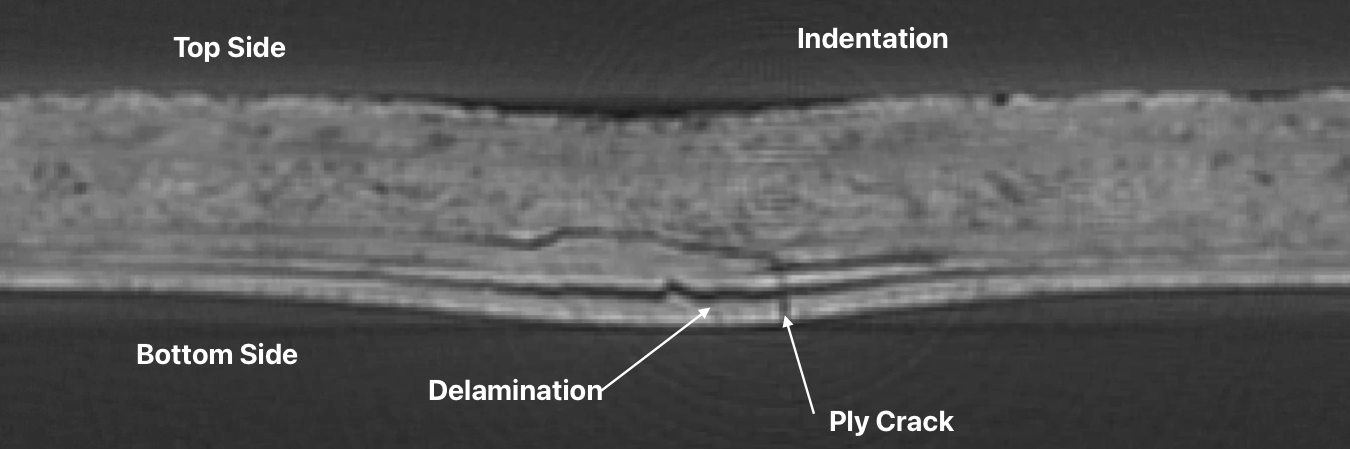 CT cross-section through the indented crossing showing delamination and a ply crack near the bottom face